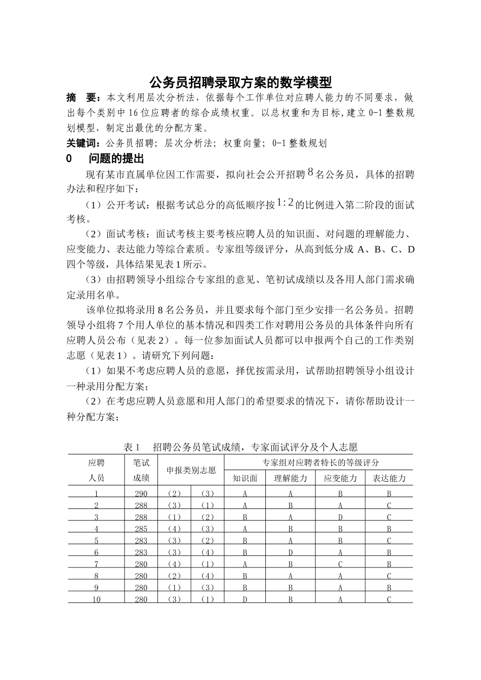 公务员招聘录取方案的数学模型_第1页