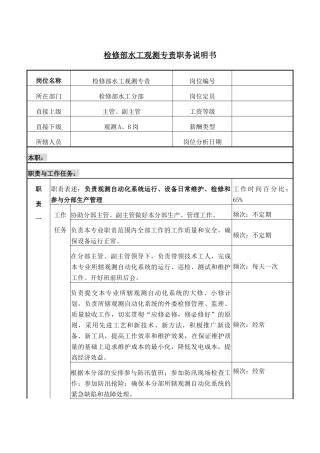 检修部水工观测专责职务说明书