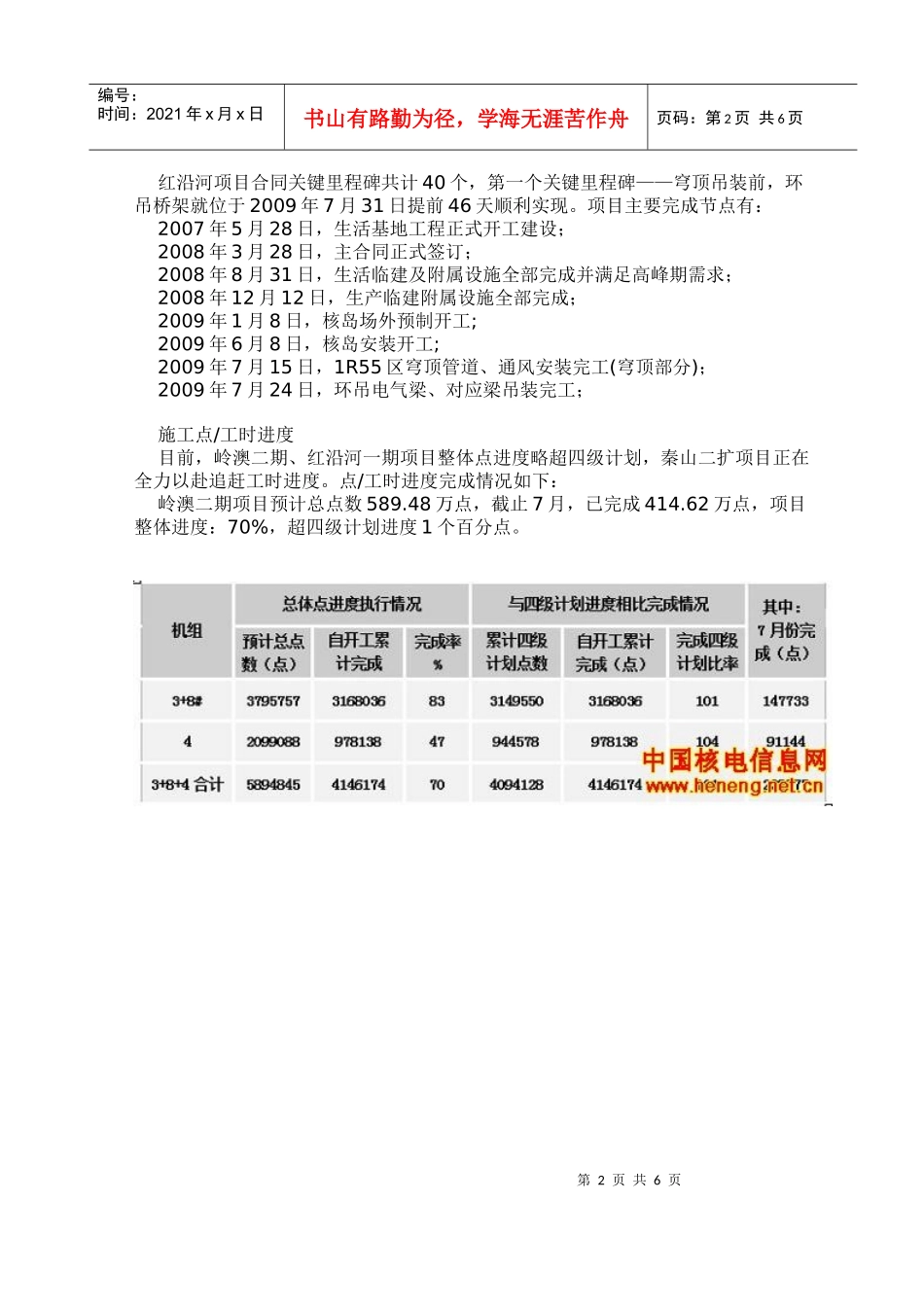 核能事业部发布截止7月各核电项目工程进展报告- 核电二三建公司0907_第2页