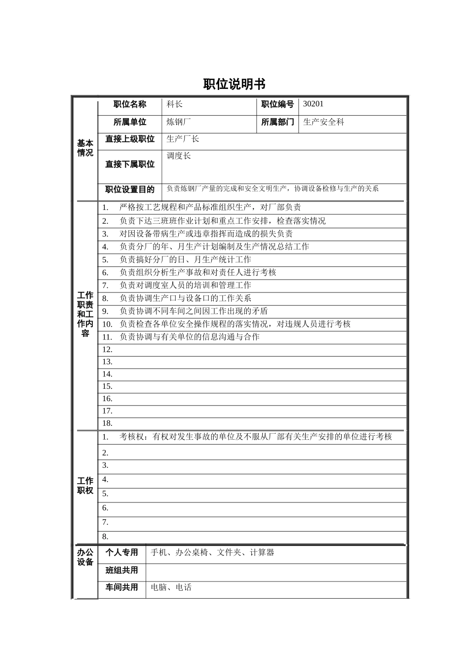炼钢厂生产安全科科长职位说明书_第1页
