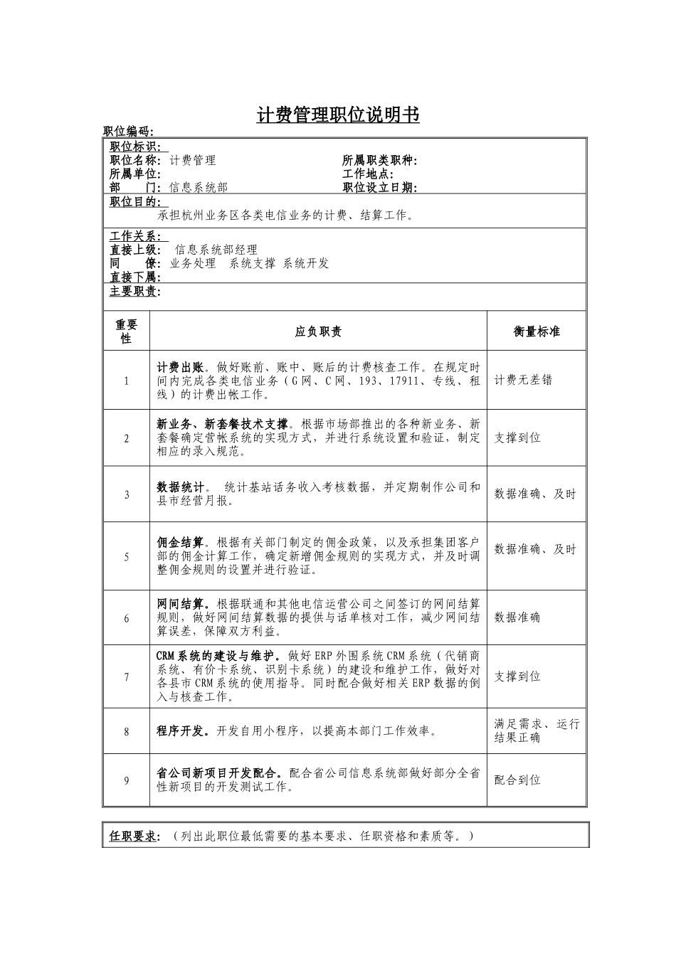 计费管理岗位说明书_第1页