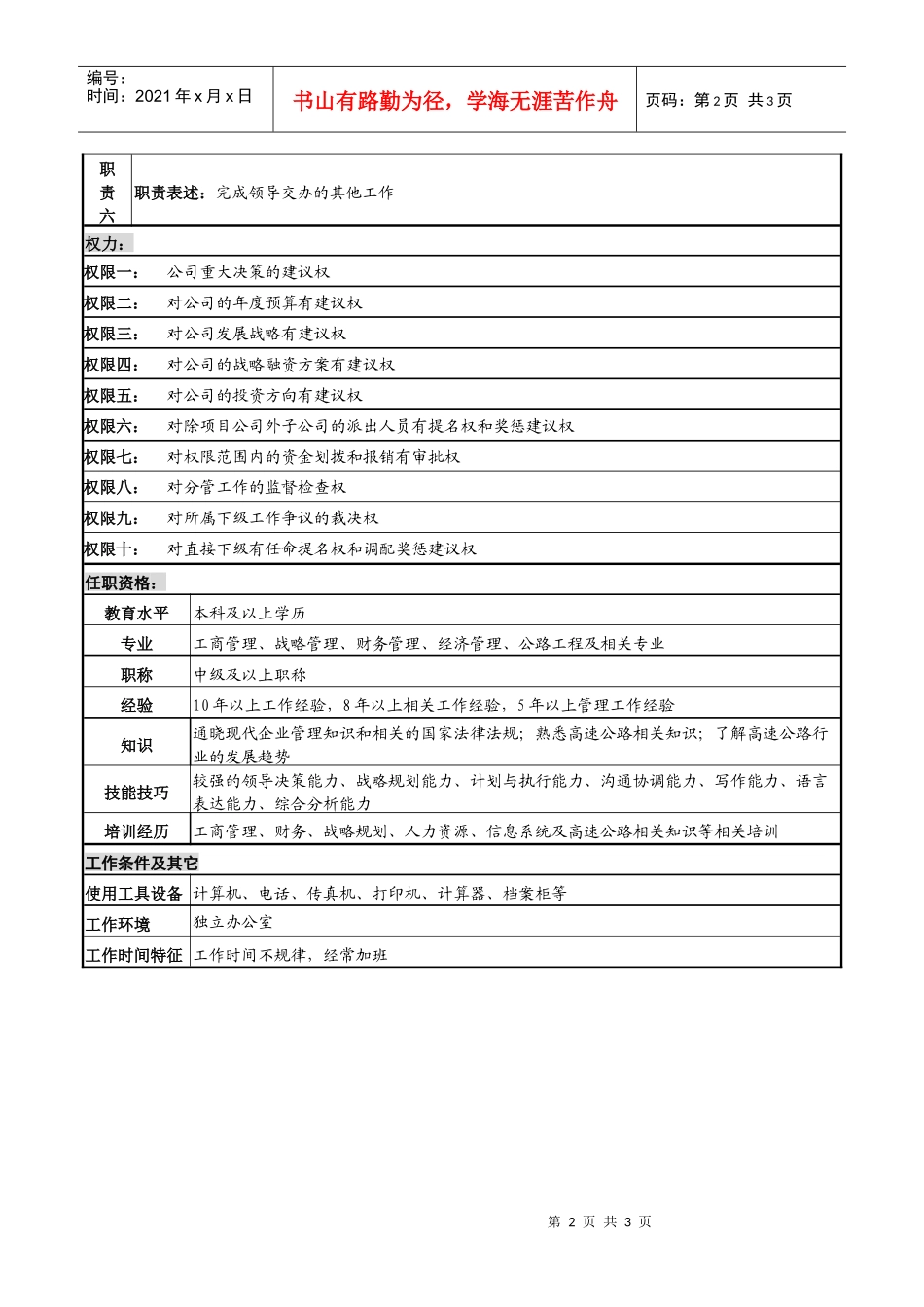 某高速公路公司事业发展管理副总经理岗位说明书_第2页