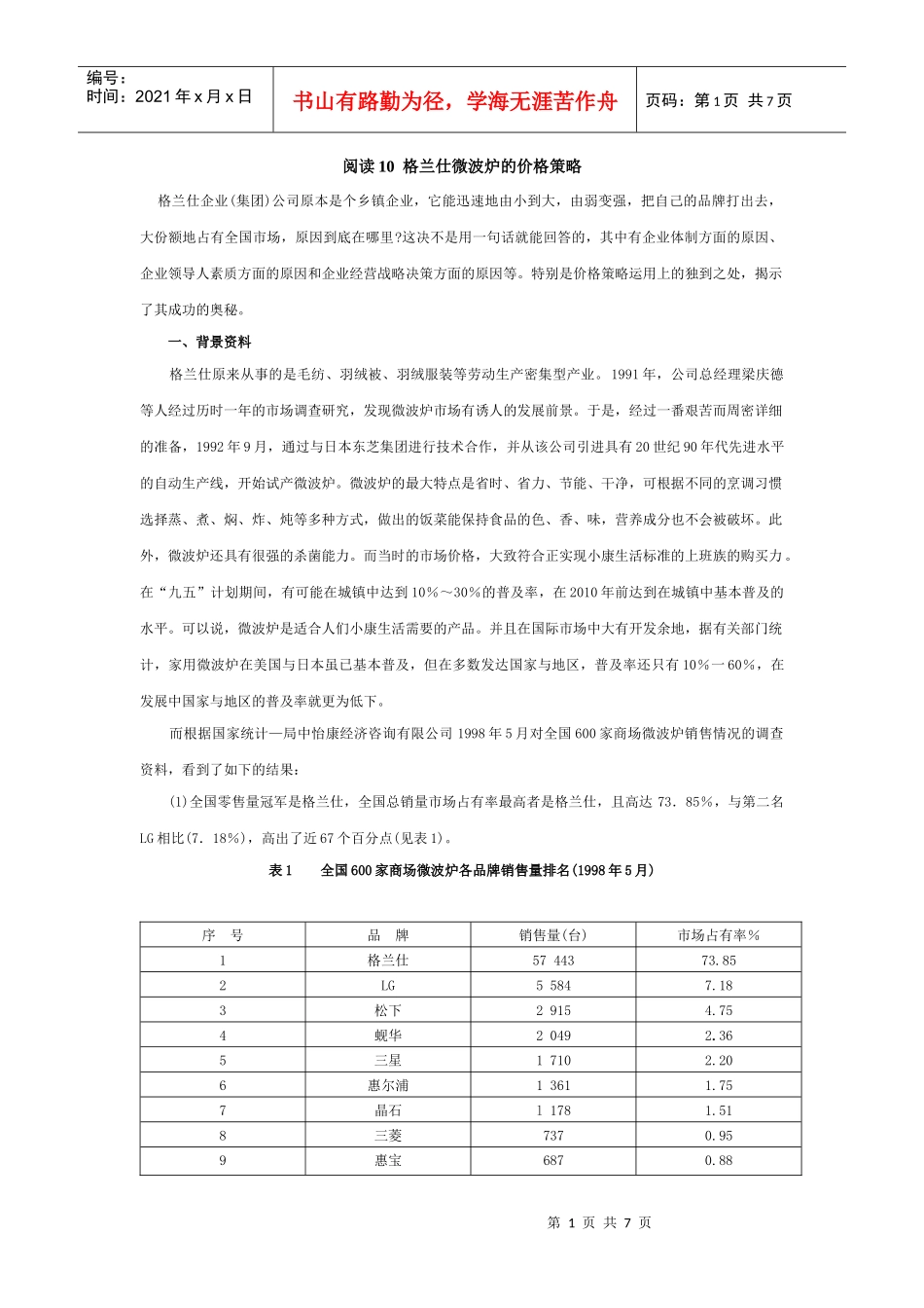 格兰仕微波炉的价格策略_第1页