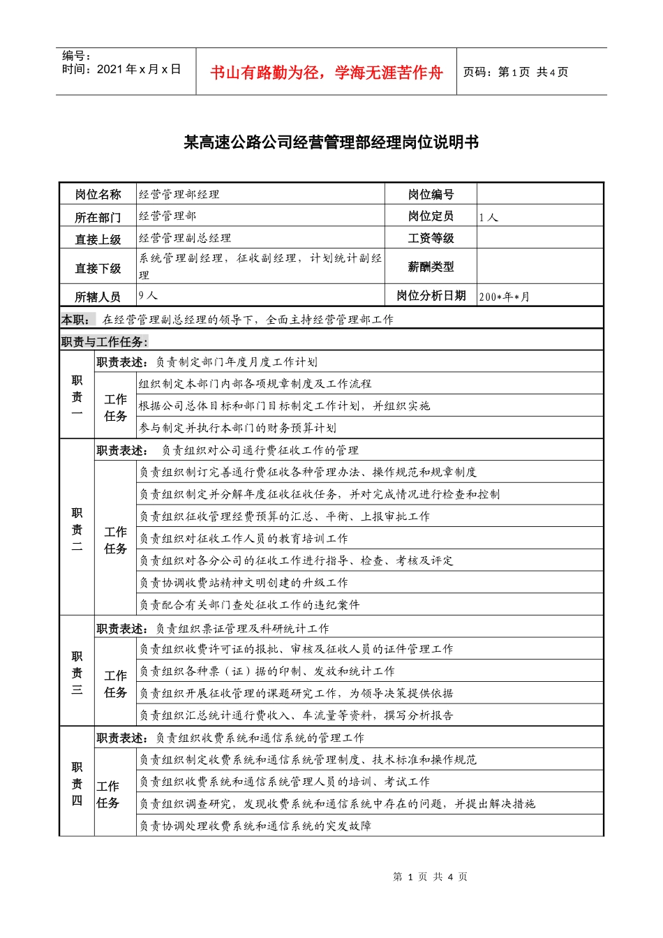 某高速公路公司经营管理部经理岗位说明书_第1页