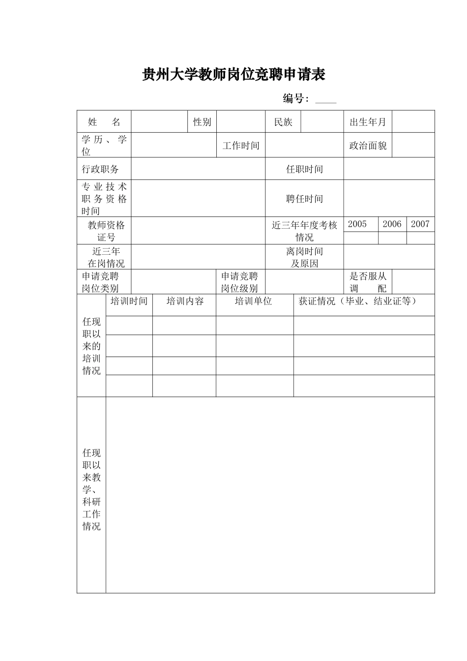 贵州大学教师岗位竞聘申请表_第1页