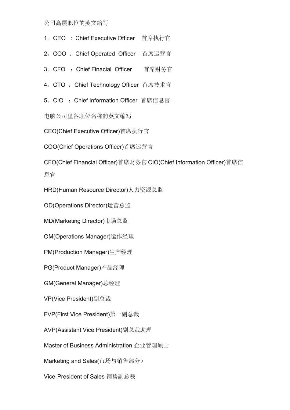 公司高层职位的英文缩写_第1页