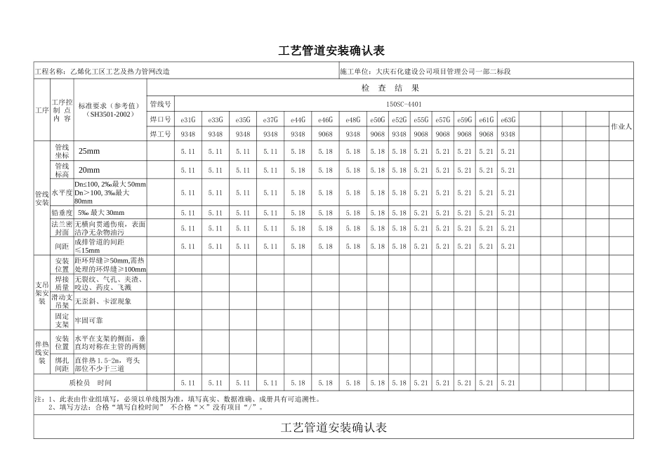 工艺管道安装确认表_第1页