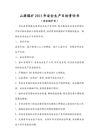 山源煤矿XXXX年安全生产目标责任书