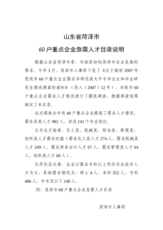菏泽市60户重点企业急需人才目录说明