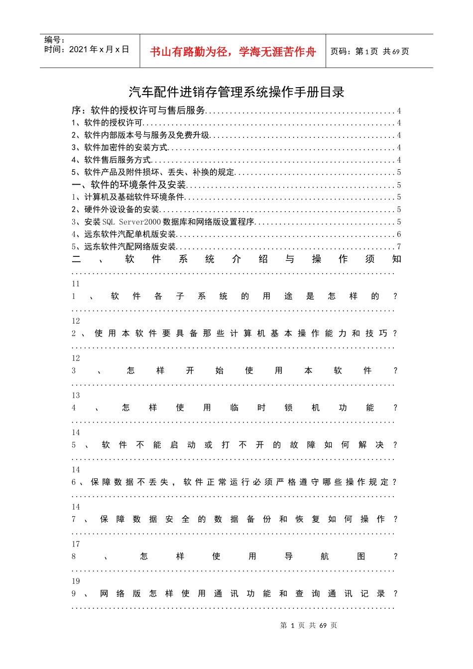汽车配件进销存管理系统操作手册目录_第1页