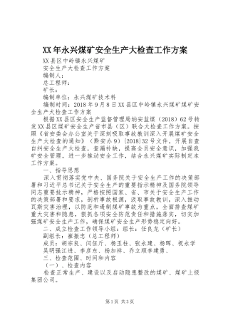 XX年永兴煤矿安全生产大检查工作实施方案 