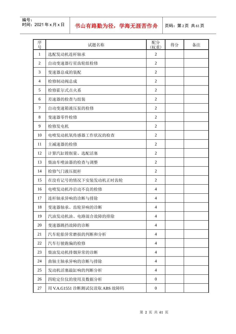 汽车修理工评分记录表范本_第2页