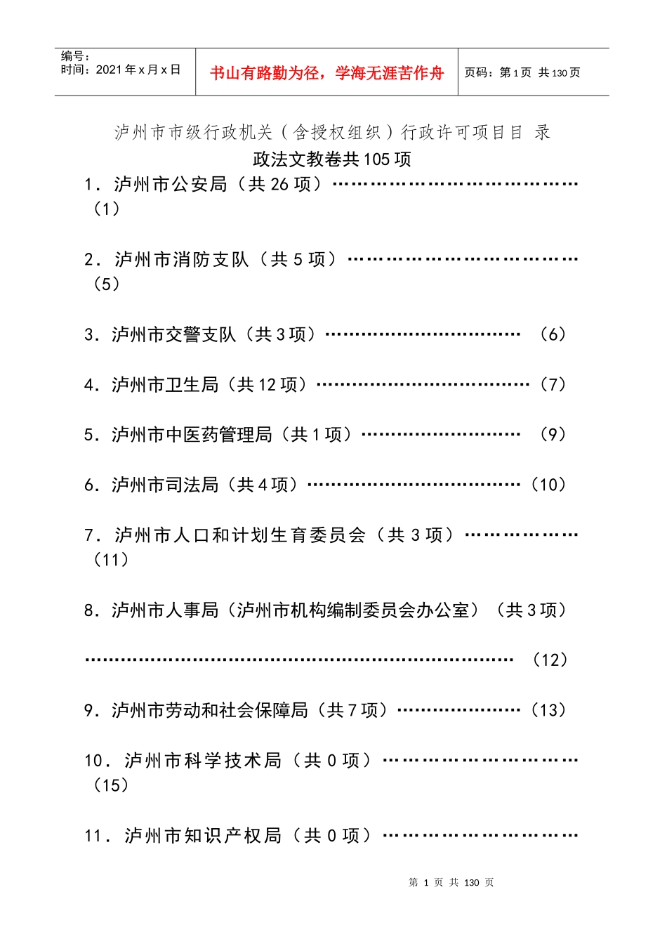 泸州市市级行政机关(含授权组织)行政许可项目目_第1页