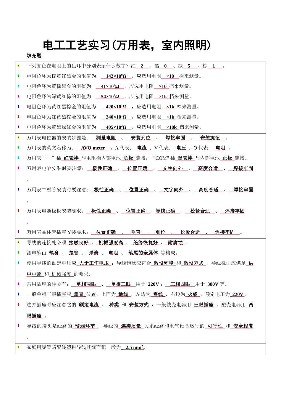 电工工艺实习--万用表，室内照明复习资料_第1页