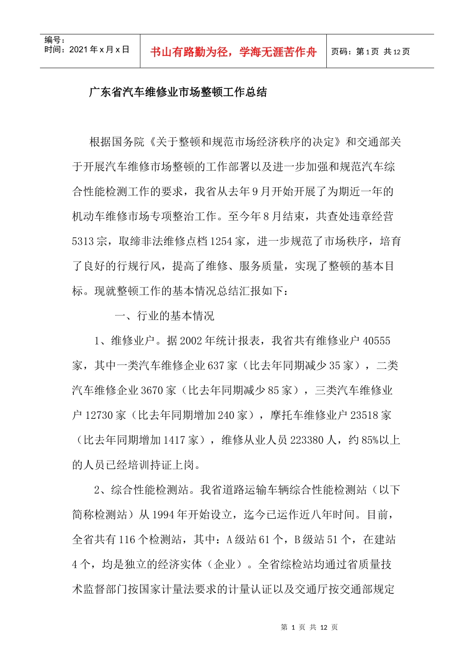 汽车行业市场维修整顿工作总结_第1页