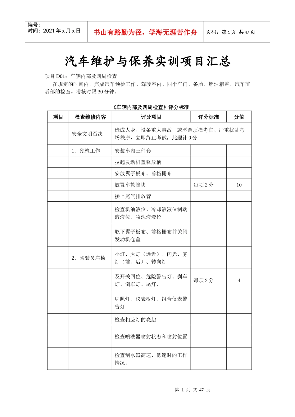 汽车维护与保养实训项目汇总_第1页