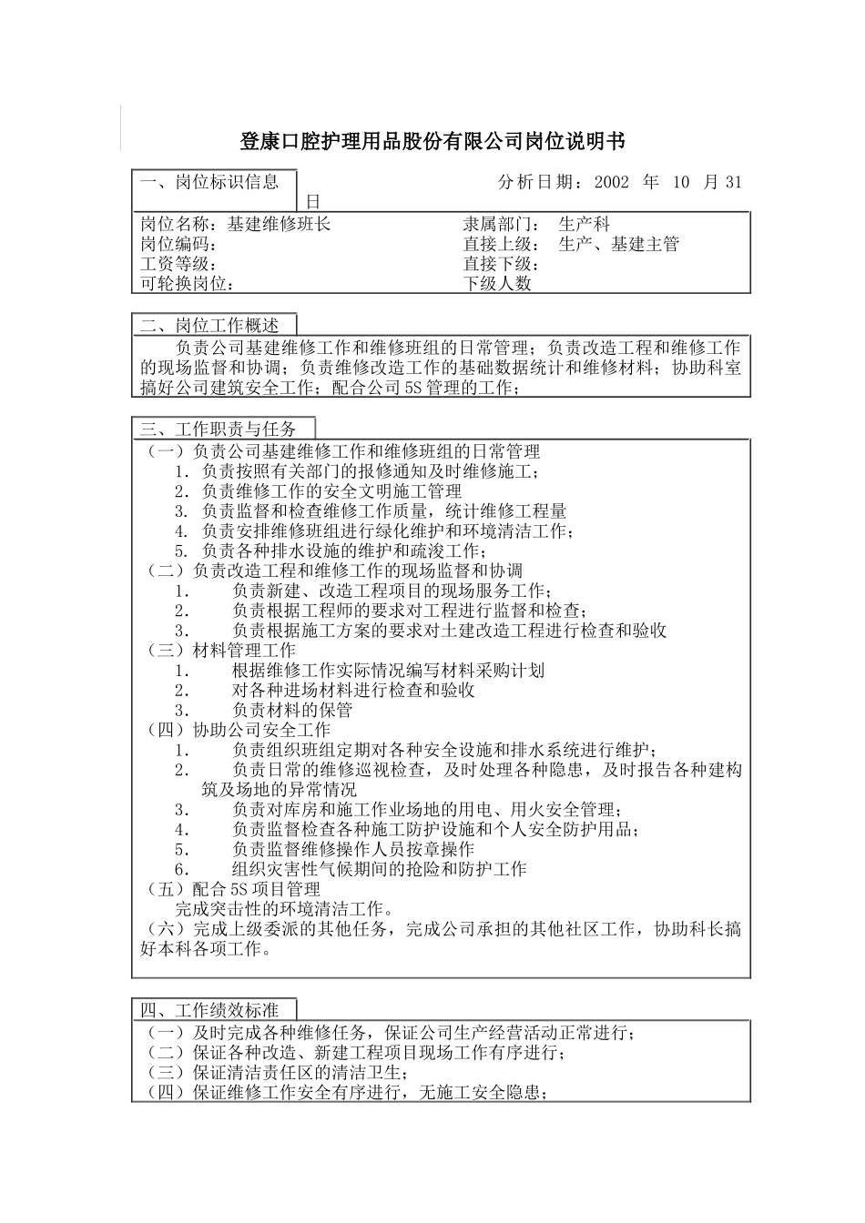 登康口腔护理用品股份有限公司基建维修班长岗位说明书_第1页