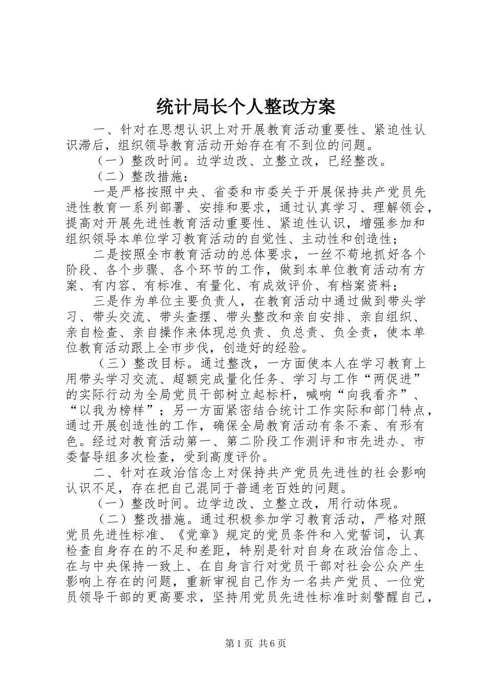 统计局长个人整改实施方案 _第1页