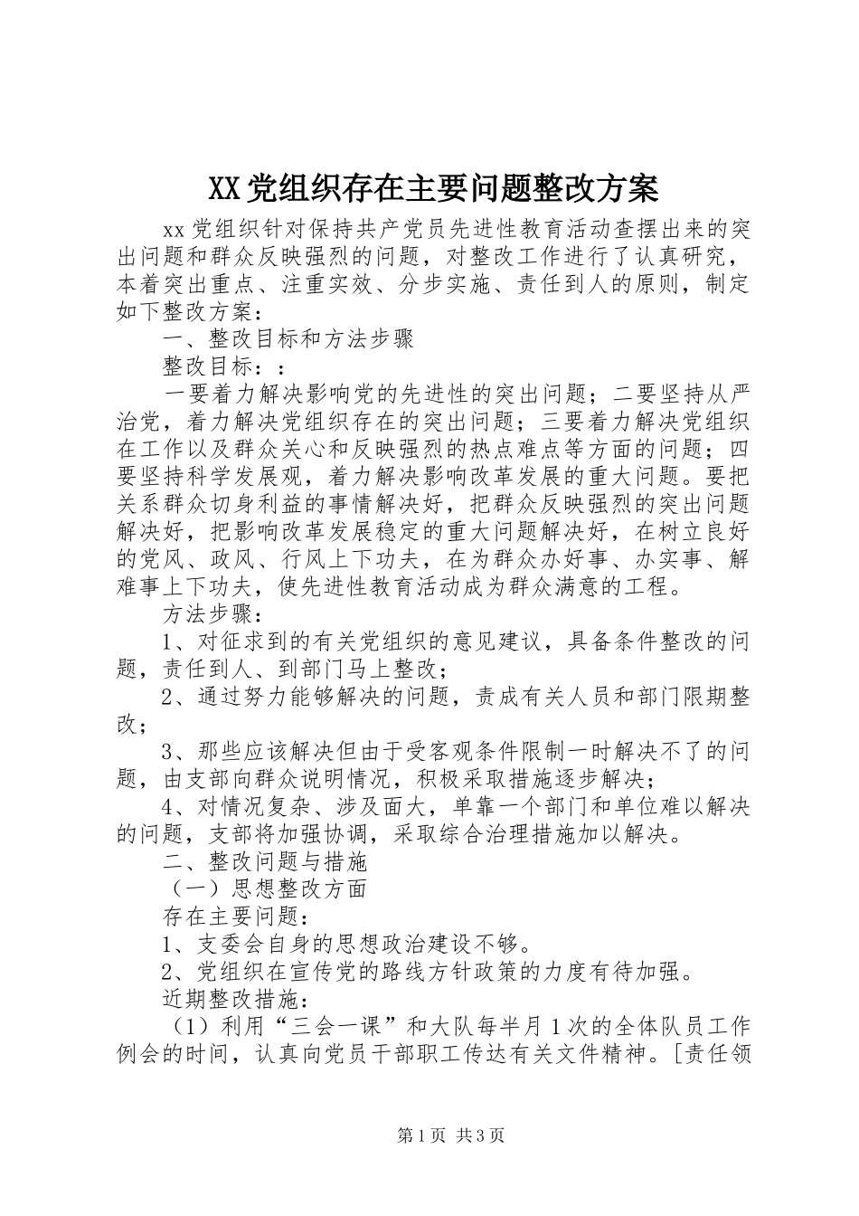 XX党组织存在主要问题整改实施方案 _第1页
