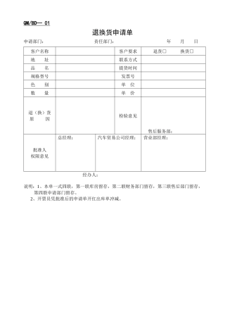 汽车贸易公司退换货申请单表格