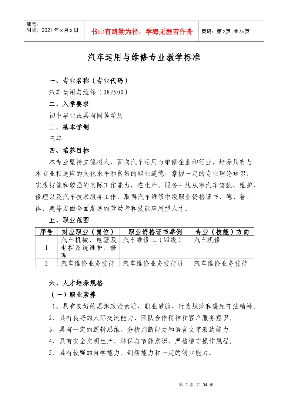 汽车维修专业教学标准_第2页