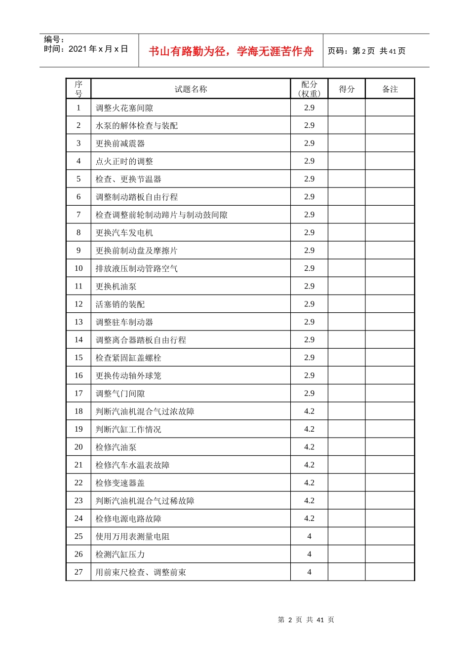 汽车修理工(初级)评分记录表_第2页