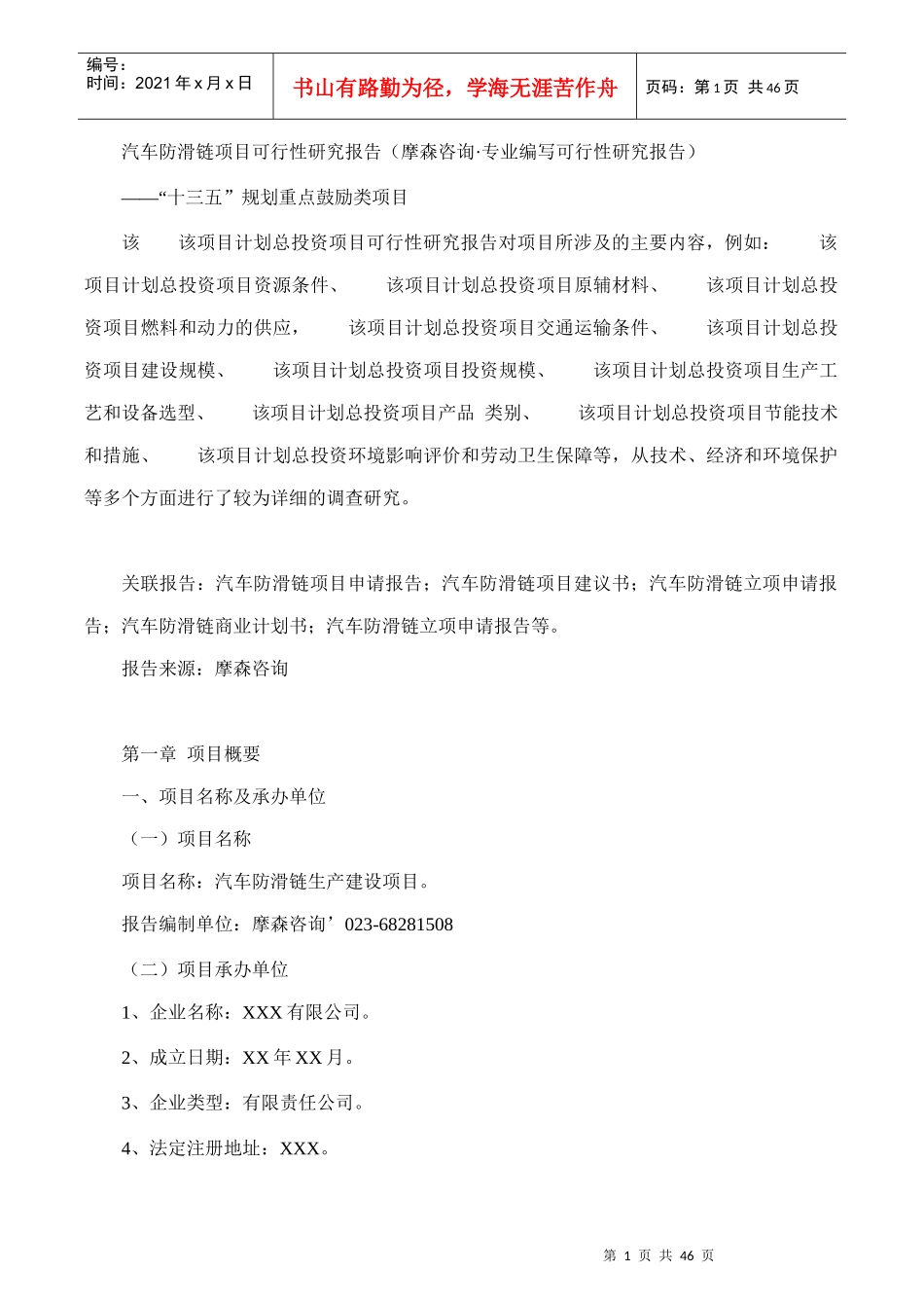 汽车防滑链项目可行性研究报告(摩森咨询·专业编写可行_第1页