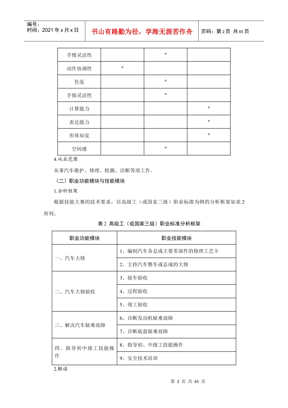 汽车二级维护汽车修理工国家职业标准和技能规范解读_第2页