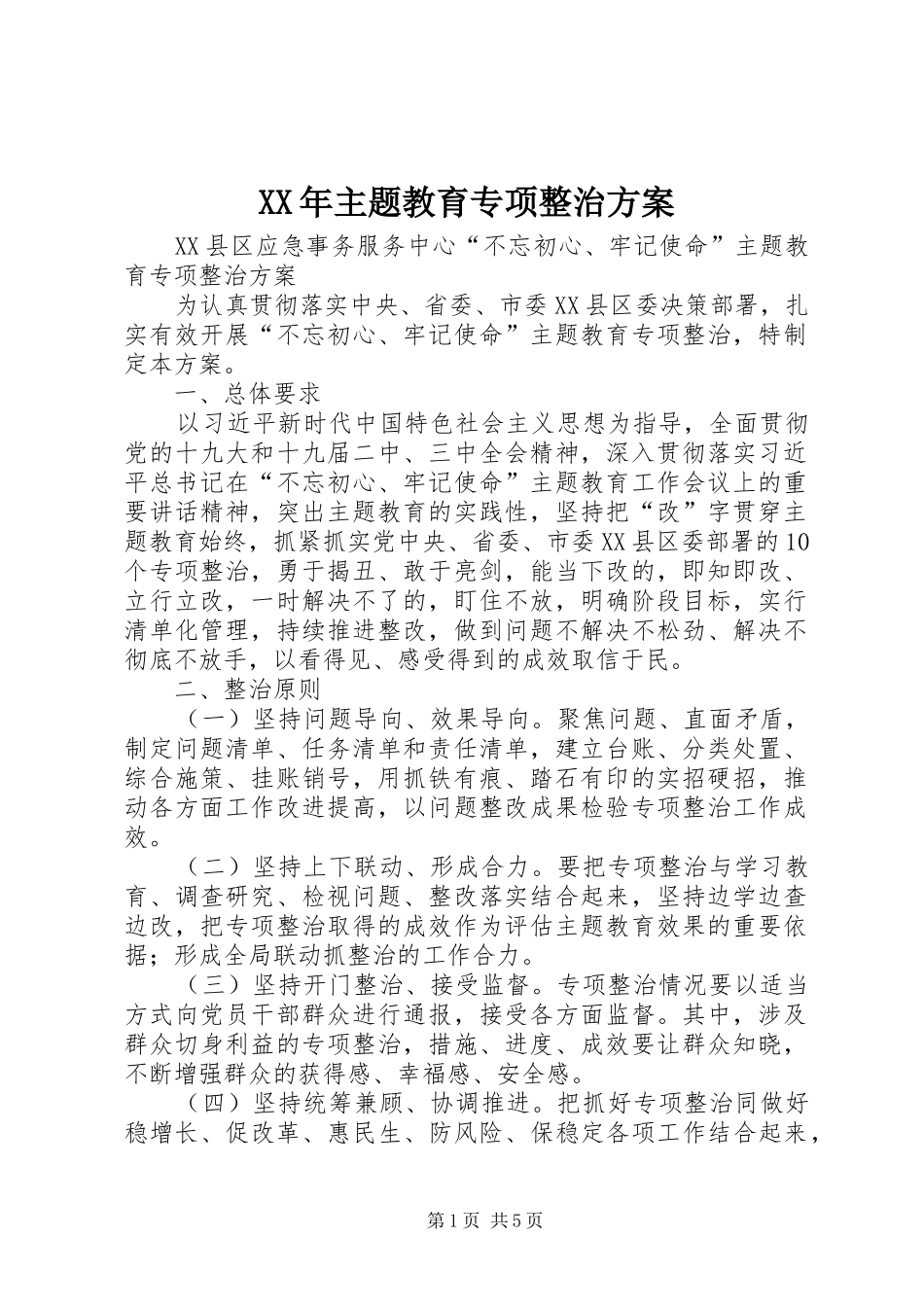 XX年主题教育专项整治实施方案 _第1页