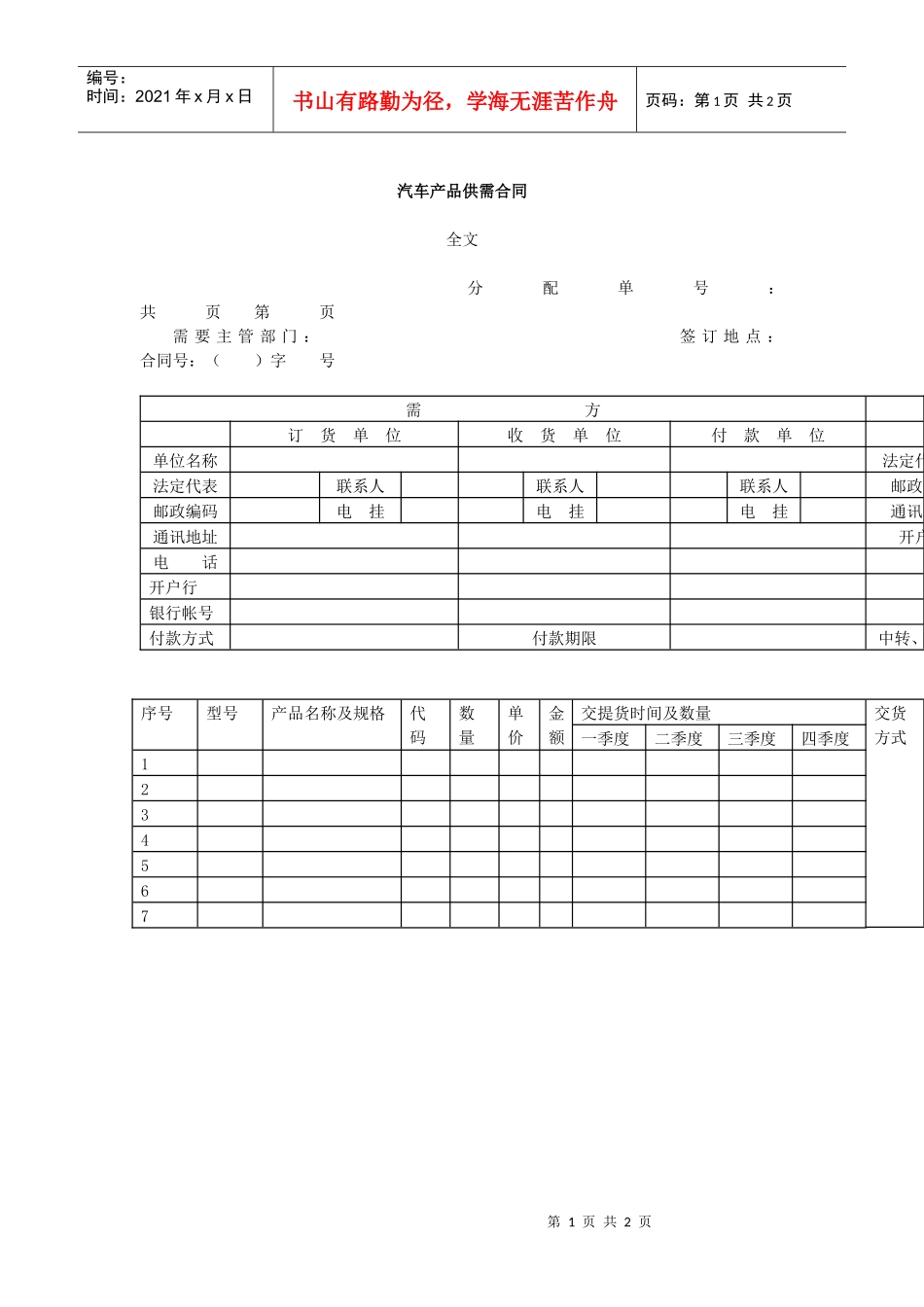 汽车产品供需合同DOC_第1页