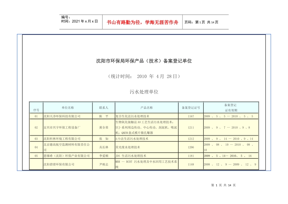 沈阳市环保局环保产品（技术）备案登记单位-沈阳环保产业网_第1页