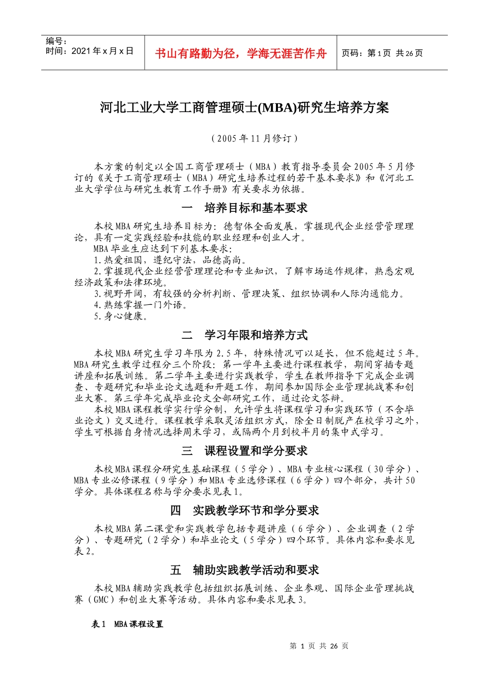 河北工业大学工商管理硕士(MBA)研究生培养方案_第1页