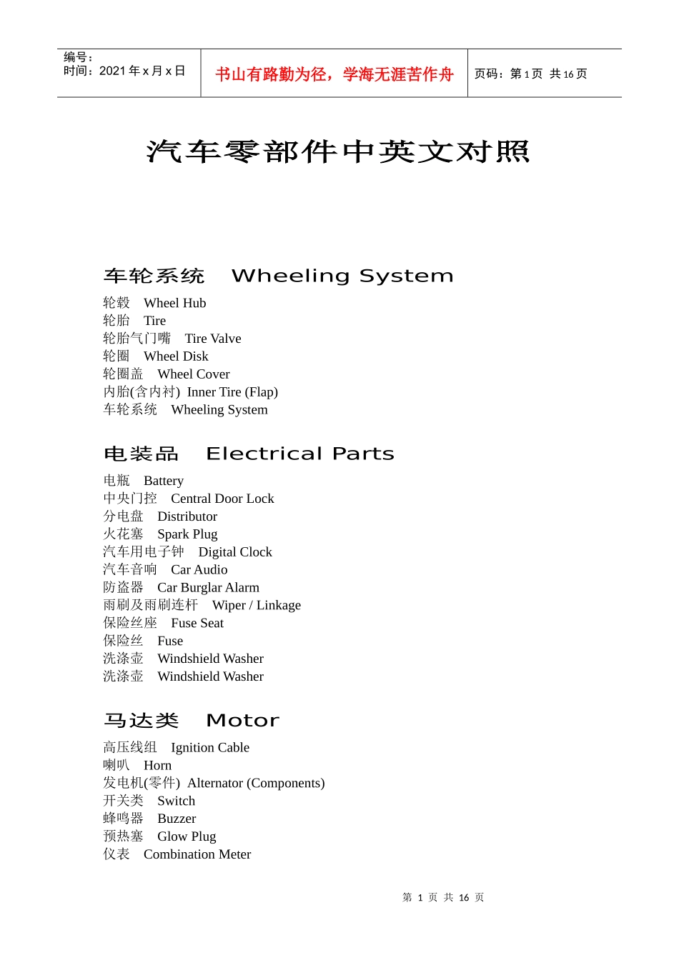 汽车零部件中英文对照_第1页