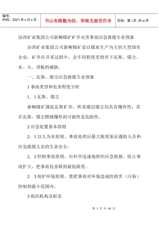 汾西矿业集团公司新柳煤矿矿井灾害事故应急救援专业预案