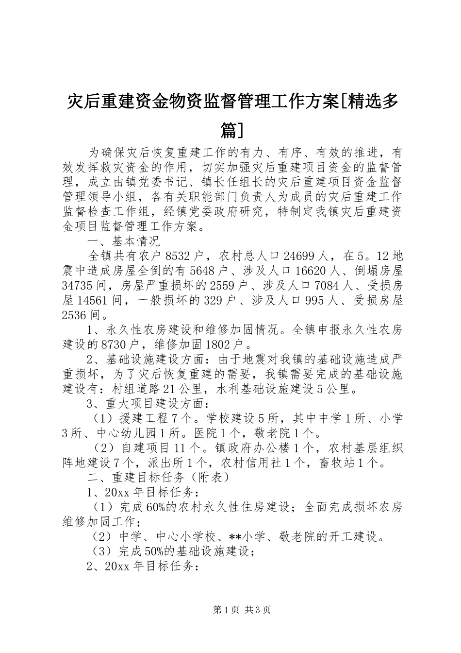 灾后重建资金物资监督管理工作实施方案[精选多篇] _第1页