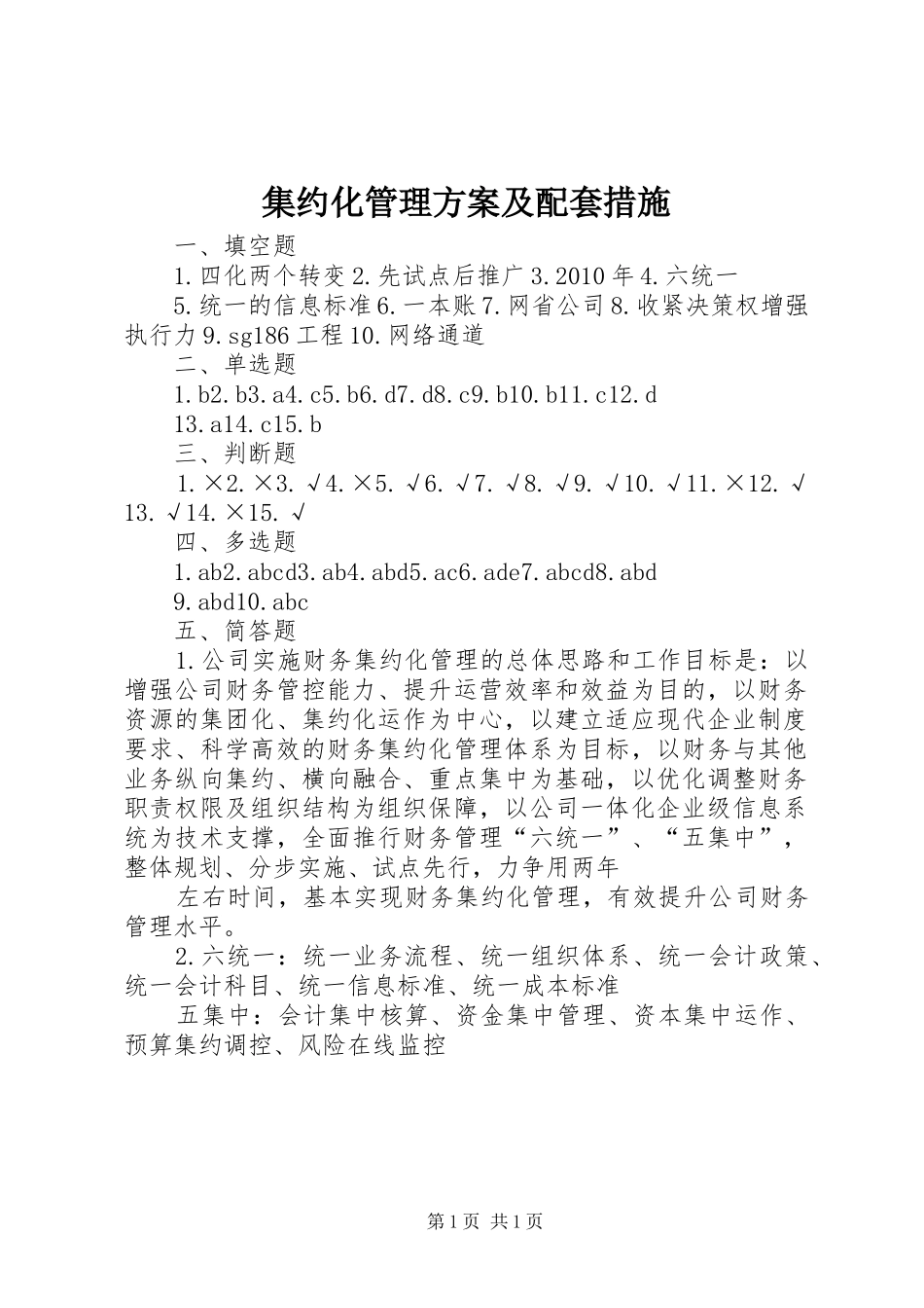 集约化管理实施方案及配套措施 _第1页