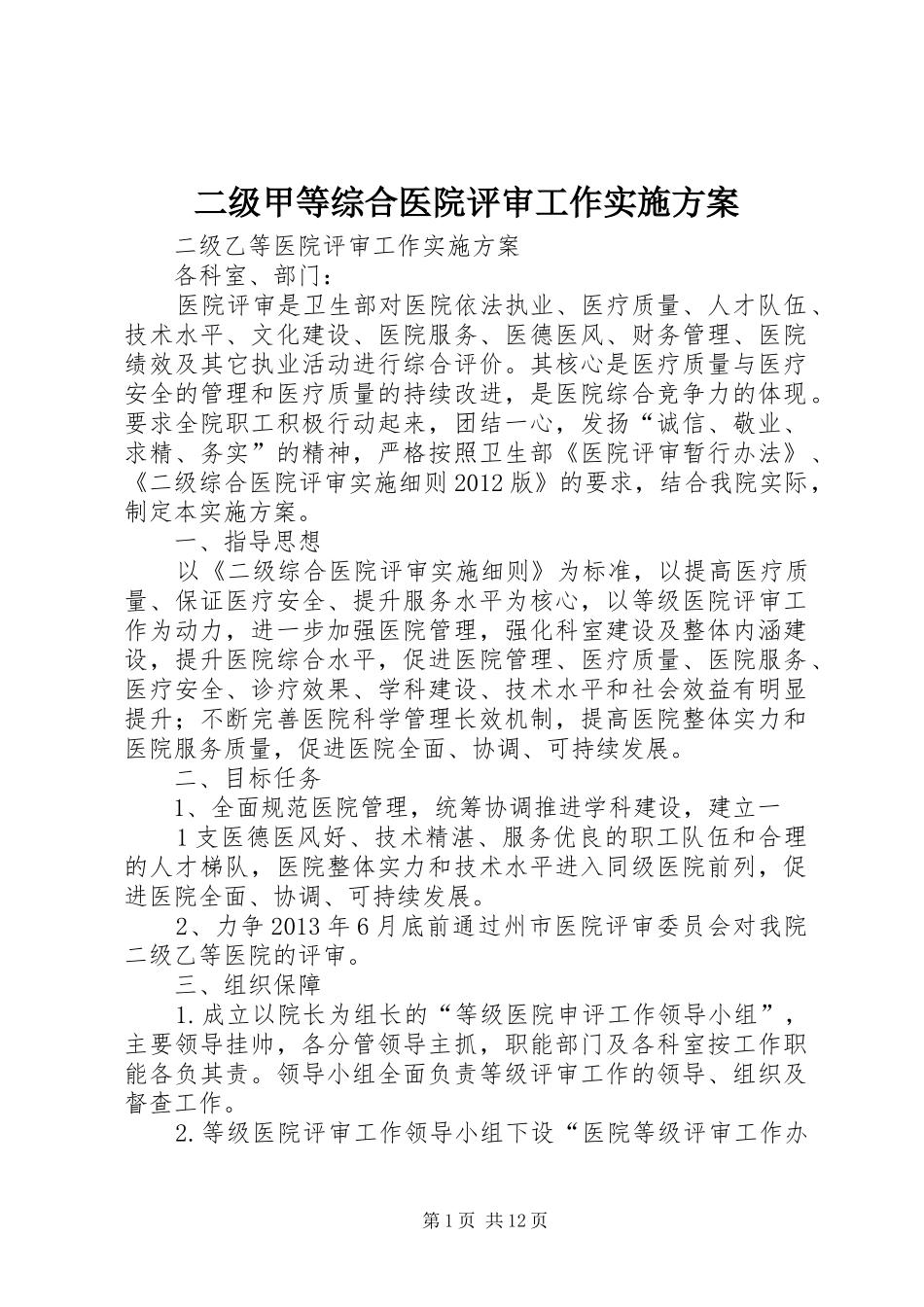 二级甲等综合医院评审工作方案 _第1页