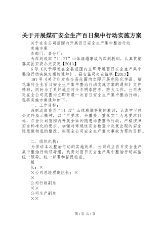 关于开展煤矿安全生产百日集中行动方案 