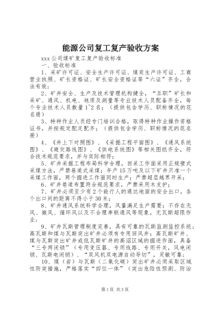 能源公司复工复产验收实施方案 