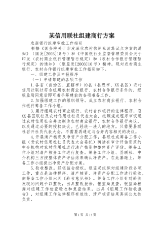 某信用联社组建商行实施方案 