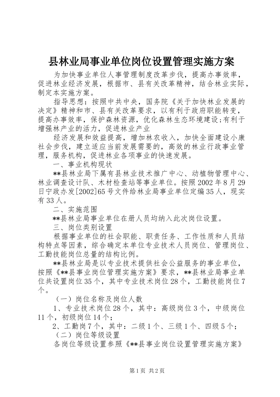 县林业局事业单位岗位设置管理方案 _第1页