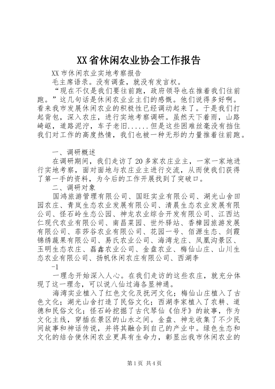 XX省休闲农业协会工作报告 _第1页