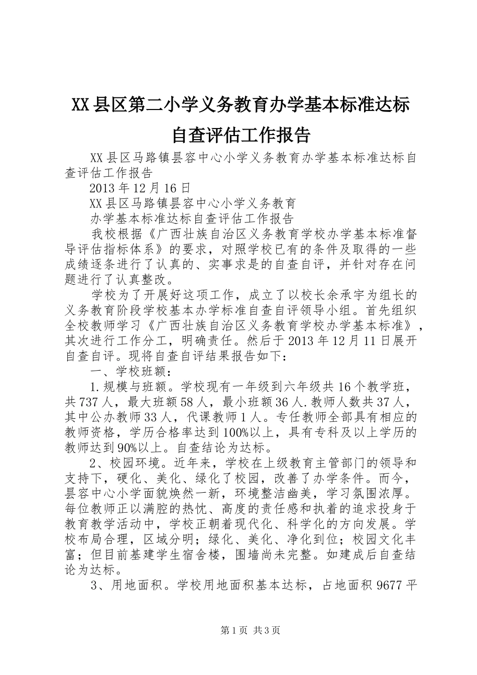 XX县区第二小学义务教育办学基本标准达标自查评估工作报告 _第1页