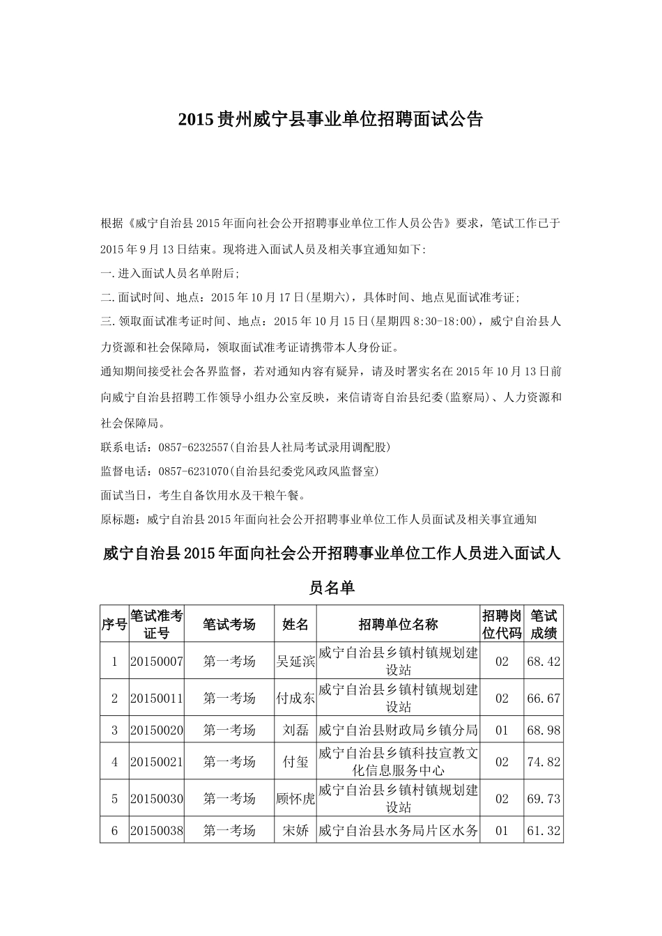 XXXX贵州威宁县事业单位招聘面试公告_第1页