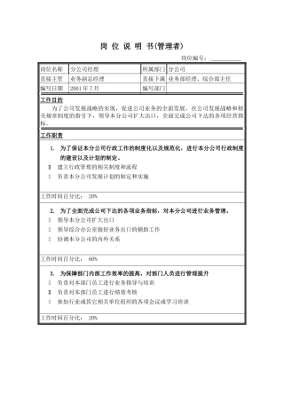 岗位说明书-分公司