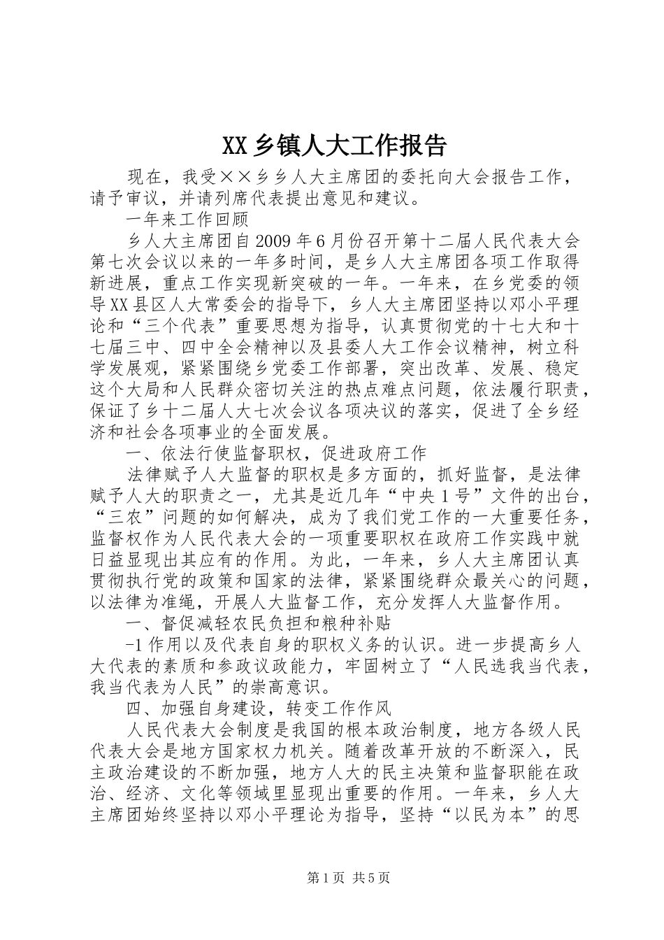 XX乡镇人大工作报告 _第1页