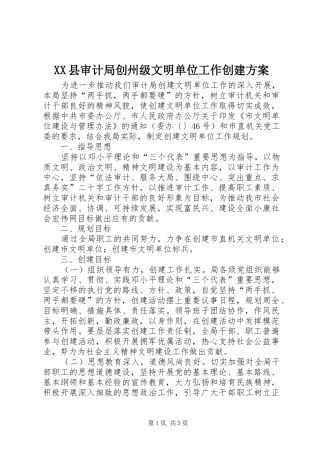 XX县审计局创州级文明单位工作创建实施方案 