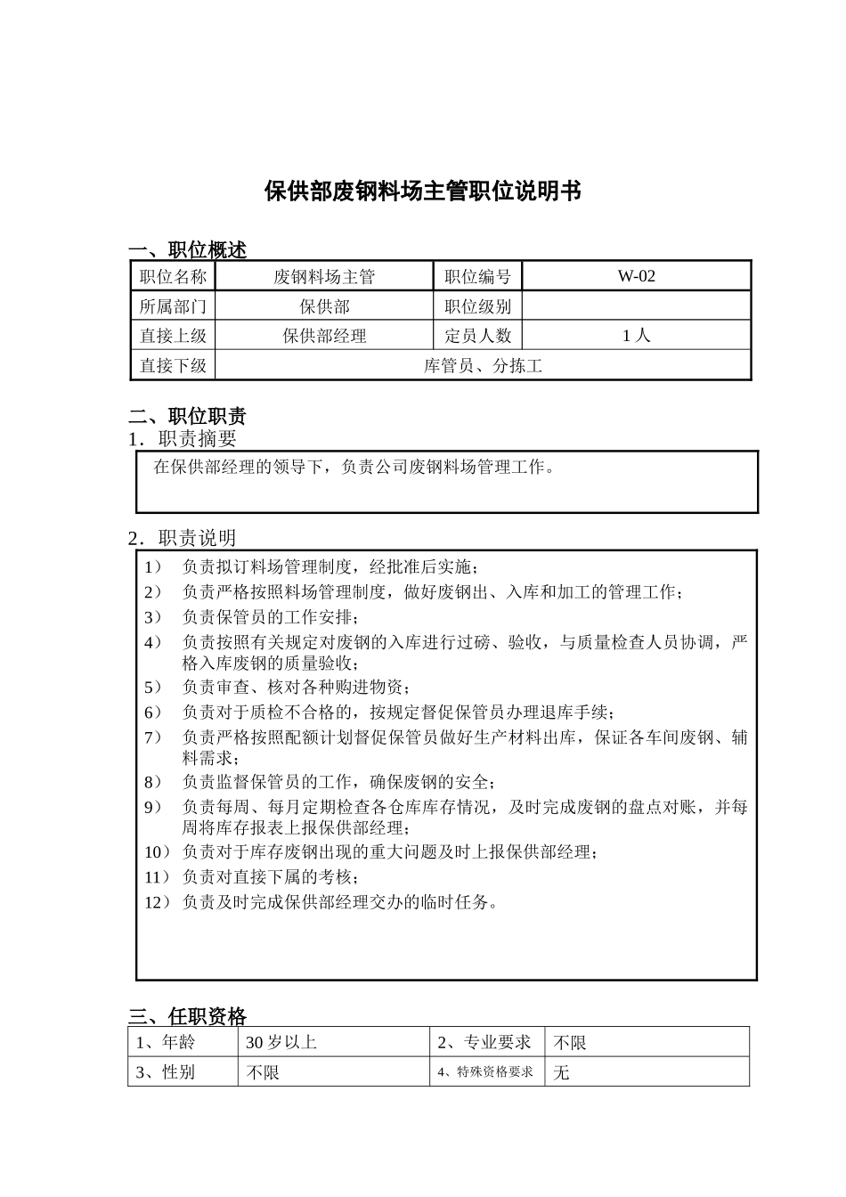 钢铁行业-保供部-废钢料场主管岗位说明书_第1页