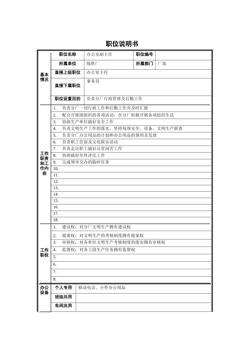炼铁厂办公室副主任职位说明书_第1页
