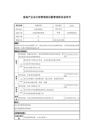 某地产企业行政管理部后勤管理职务说明书及KPI指标
